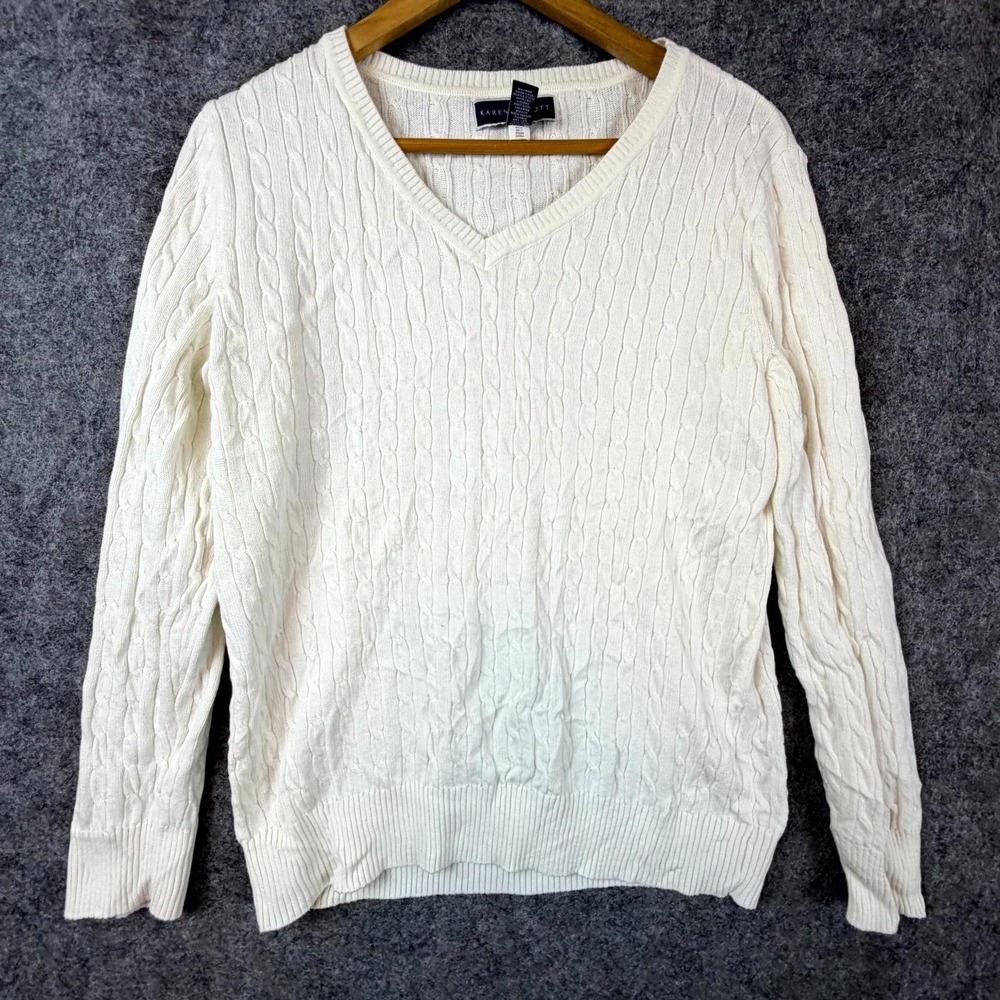 Karen Scott Sweater Womens Large Cream Cottonโ Cable Knit Winter Cozy V-Neck